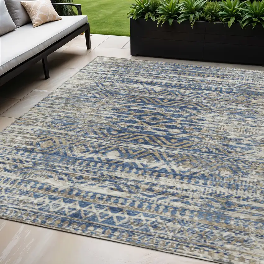 Blue And Beige Moroccan Washable Indoor Outdoor Area Rug Photo 2