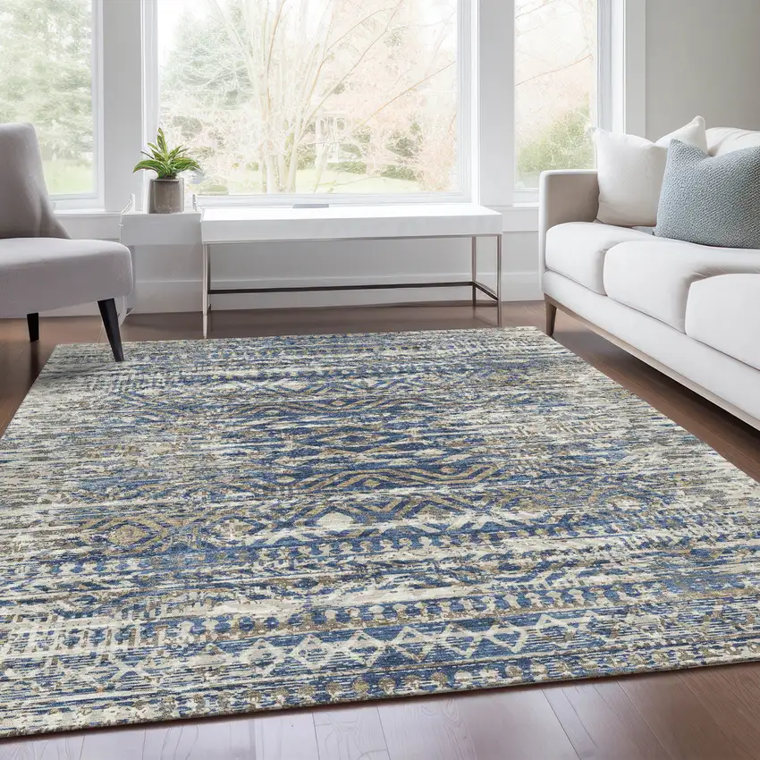 Blue And Beige Moroccan Washable Indoor Outdoor Area Rug Photo 7