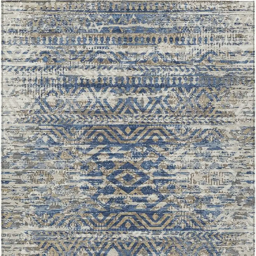 Blue And Beige Moroccan Washable Indoor Outdoor Area Rug Photo 4