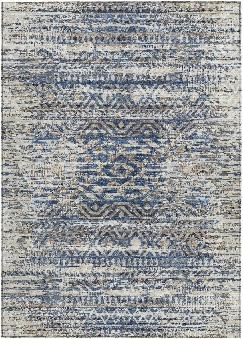 Blue And Beige Moroccan Washable Indoor Outdoor Area Rug Photo 3