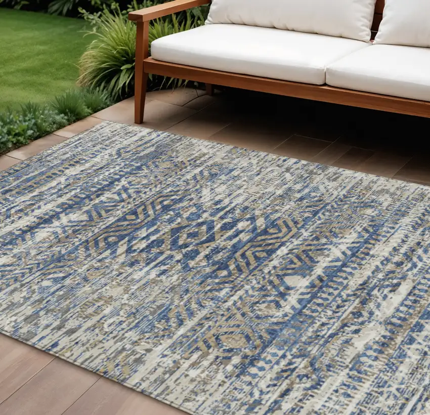 Blue And Beige Moroccan Washable Indoor Outdoor Area Rug Photo 2