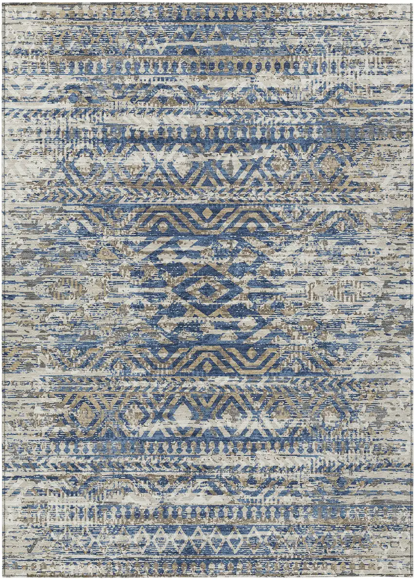 Blue And Beige Moroccan Washable Indoor Outdoor Area Rug Photo 1