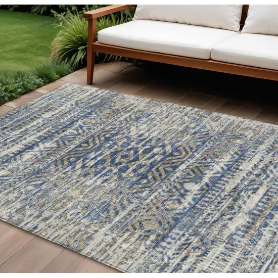 Blue And Beige Moroccan Washable Indoor Outdoor Area Rug Photo 2