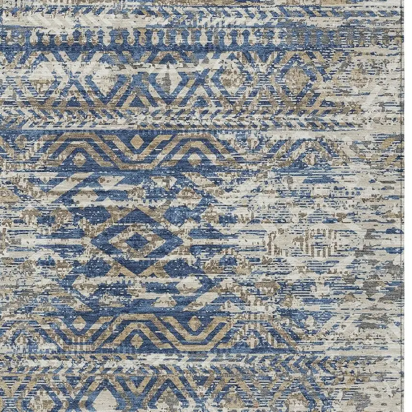 Blue And Beige Moroccan Washable Indoor Outdoor Area Rug Photo 3