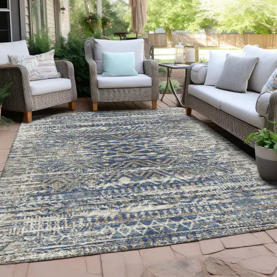 Blue And Beige Moroccan Washable Indoor Outdoor Area Rug Photo 5