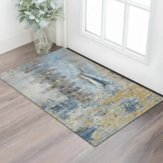 Blue And Beige Nautical Washable Area Rug With UV Protection Photo 2