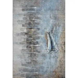 Photo of Blue And Beige Nautical Washable Area Rug With UV Protection