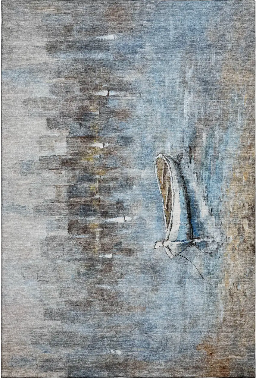 Blue And Beige Nautical Washable Area Rug With UV Protection Photo 1