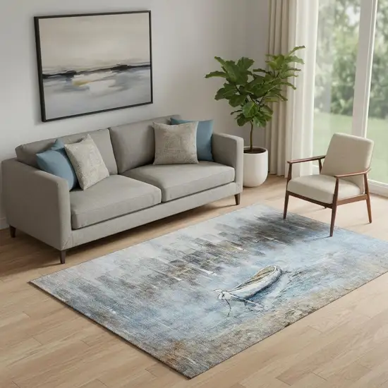 Blue And Beige Nautical Washable Area Rug With UV Protection Photo 2