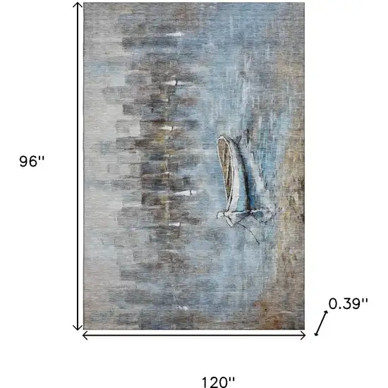 Blue And Beige Nautical Washable Area Rug With UV Protection Photo 9