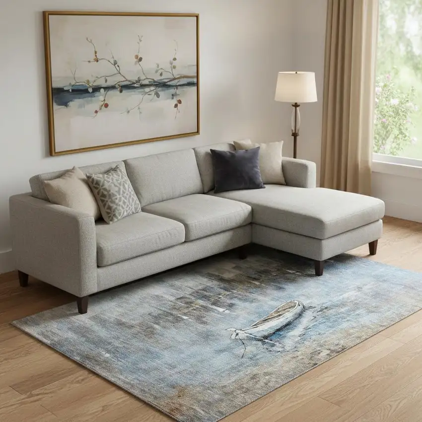 Blue And Beige Nautical Washable Area Rug With UV Protection Photo 2