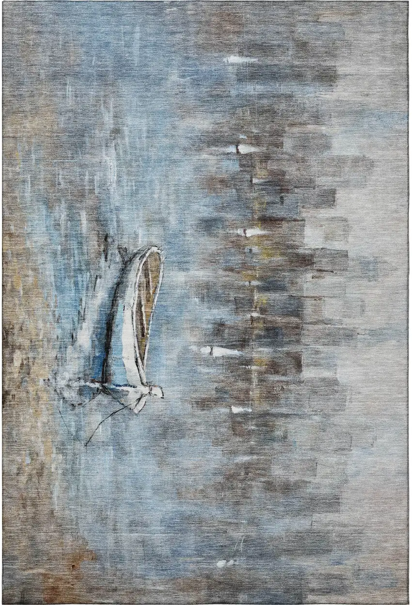 Blue And Beige Nautical Washable Area Rug With UV Protection Photo 4