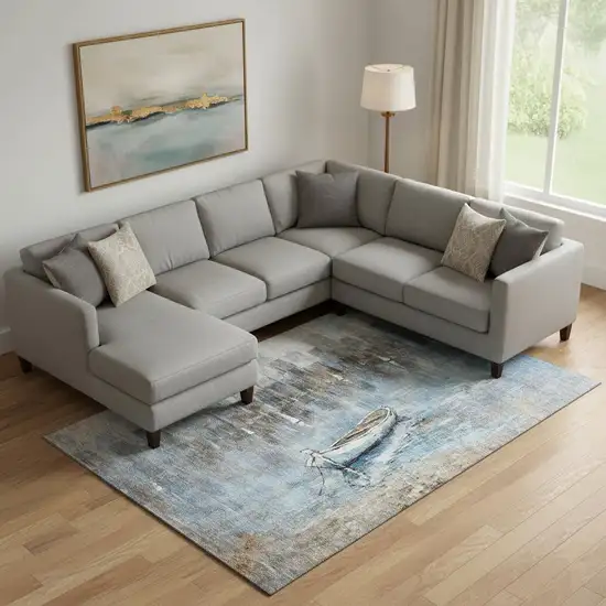 Blue And Beige Nautical Washable Area Rug With UV Protection Photo 2