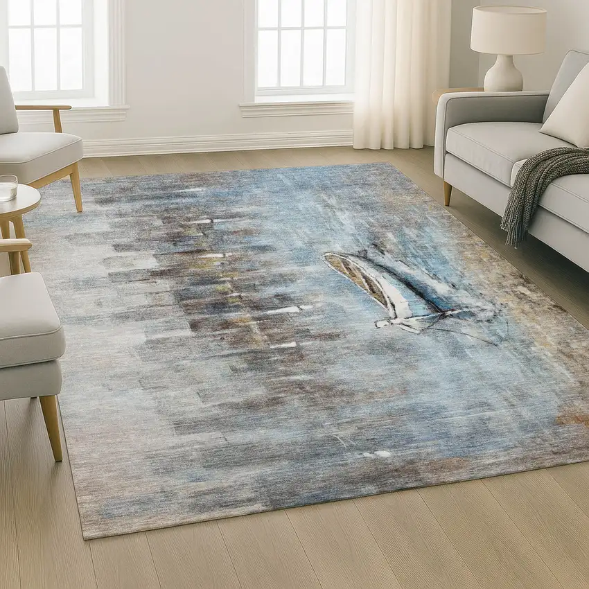 Blue And Beige Nautical Washable Area Rug With UV Protection Photo 6