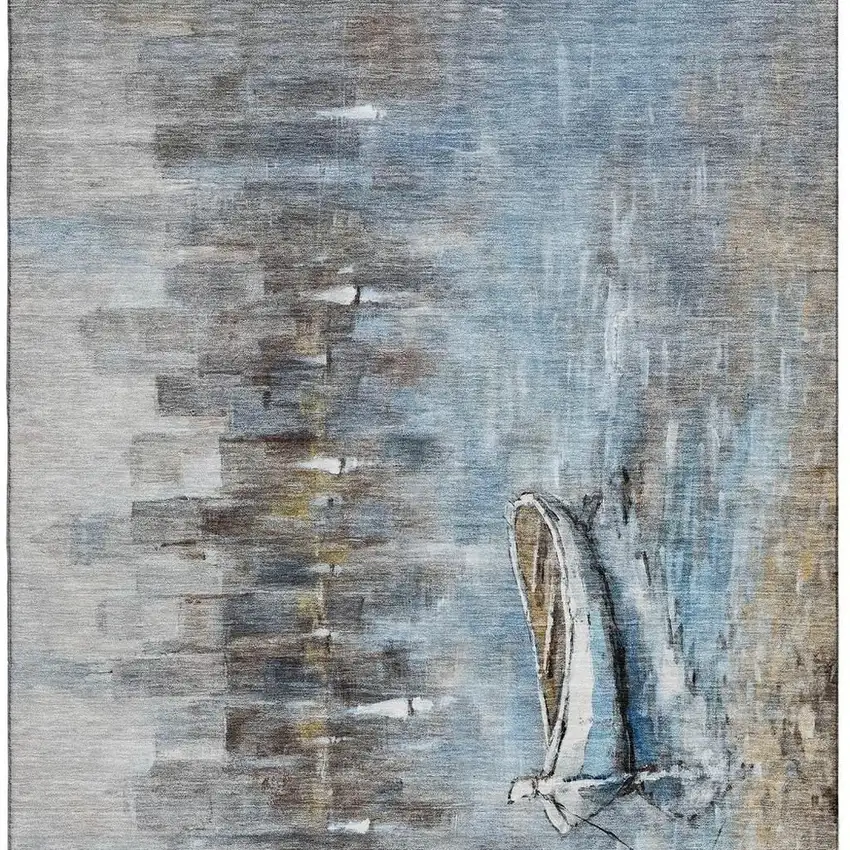 Blue And Beige Nautical Washable Area Rug With UV Protection Photo 4