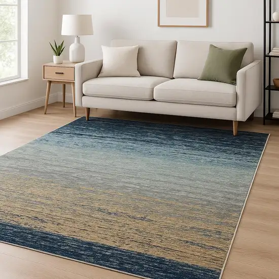 Blue And Beige Ombre Area Rug With Fringe Photo 1