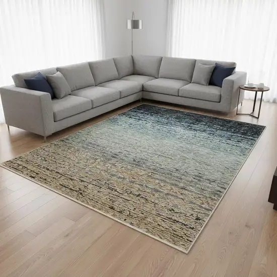 Blue And Beige Ombre Area Rug With Fringe Photo 1