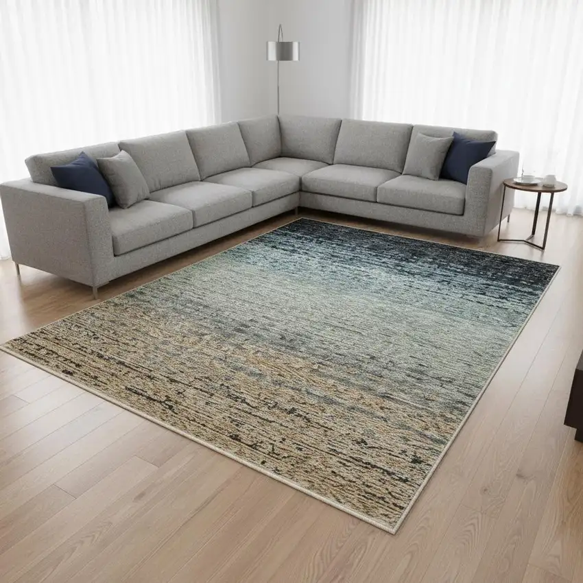 Blue And Beige Ombre Area Rug With Fringe Photo 1
