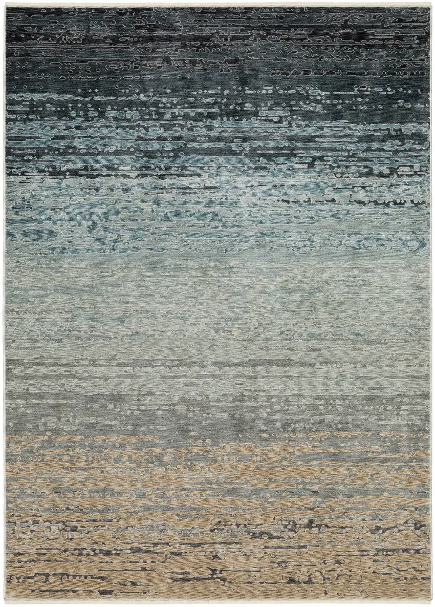Blue And Beige Ombre Area Rug With Fringe Photo 4