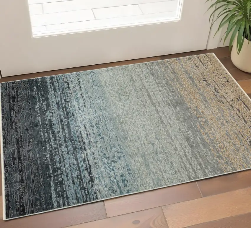 Blue And Beige Ombre Area Rug With Fringe Photo 1