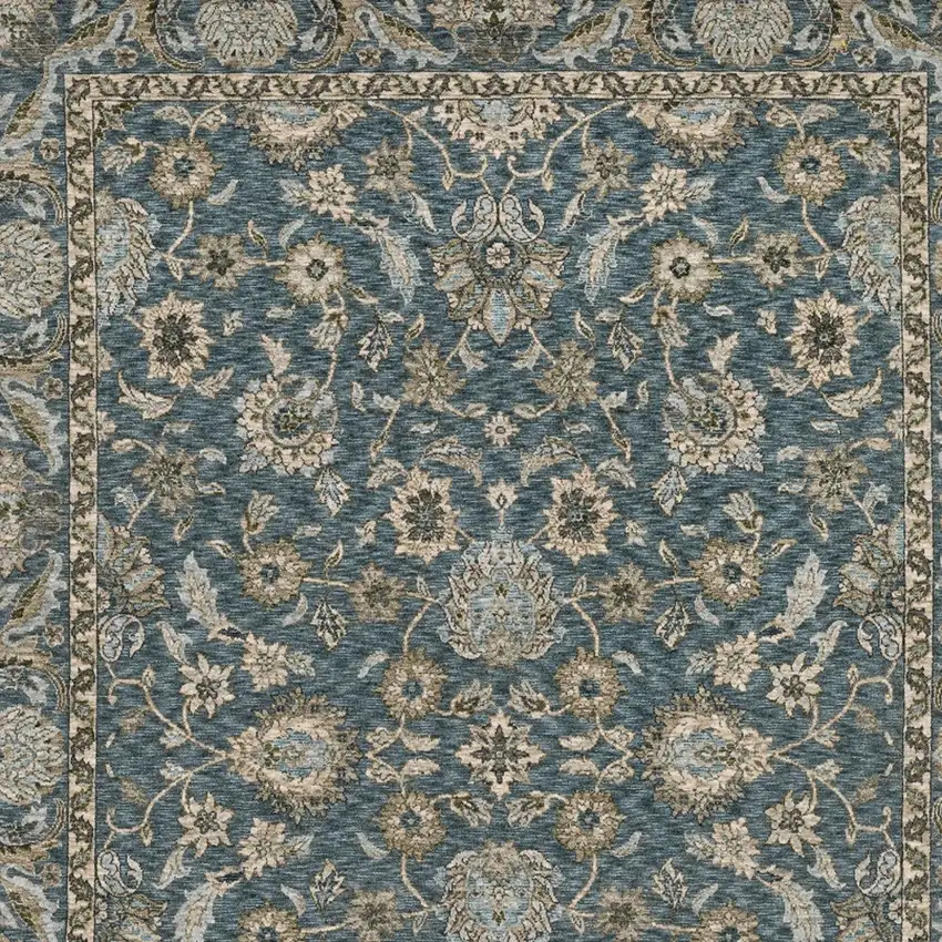 Blue And Beige Oriental Area Rug With Fringe Photo 7