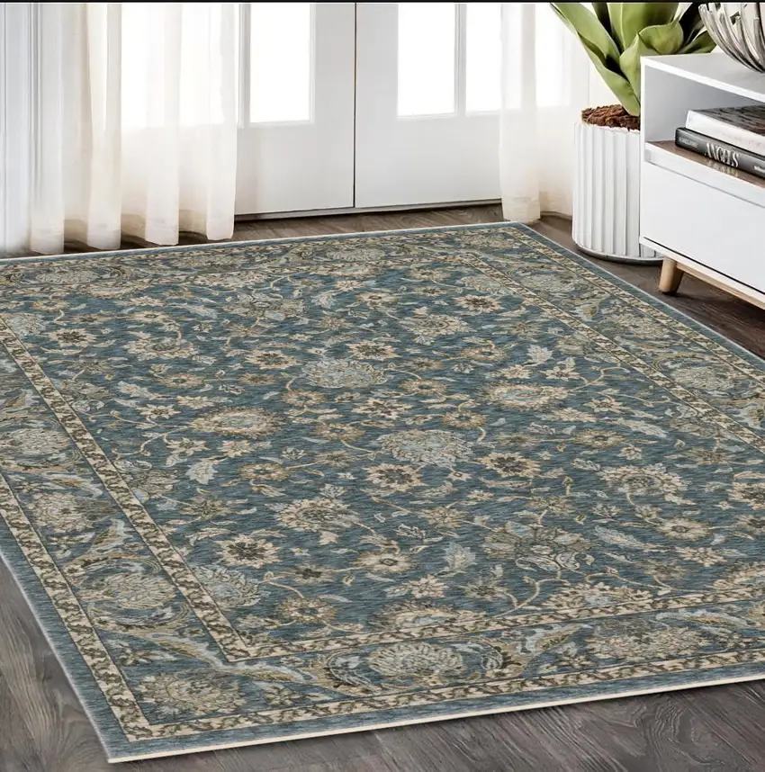 Blue And Beige Oriental Area Rug With Fringe Photo 1