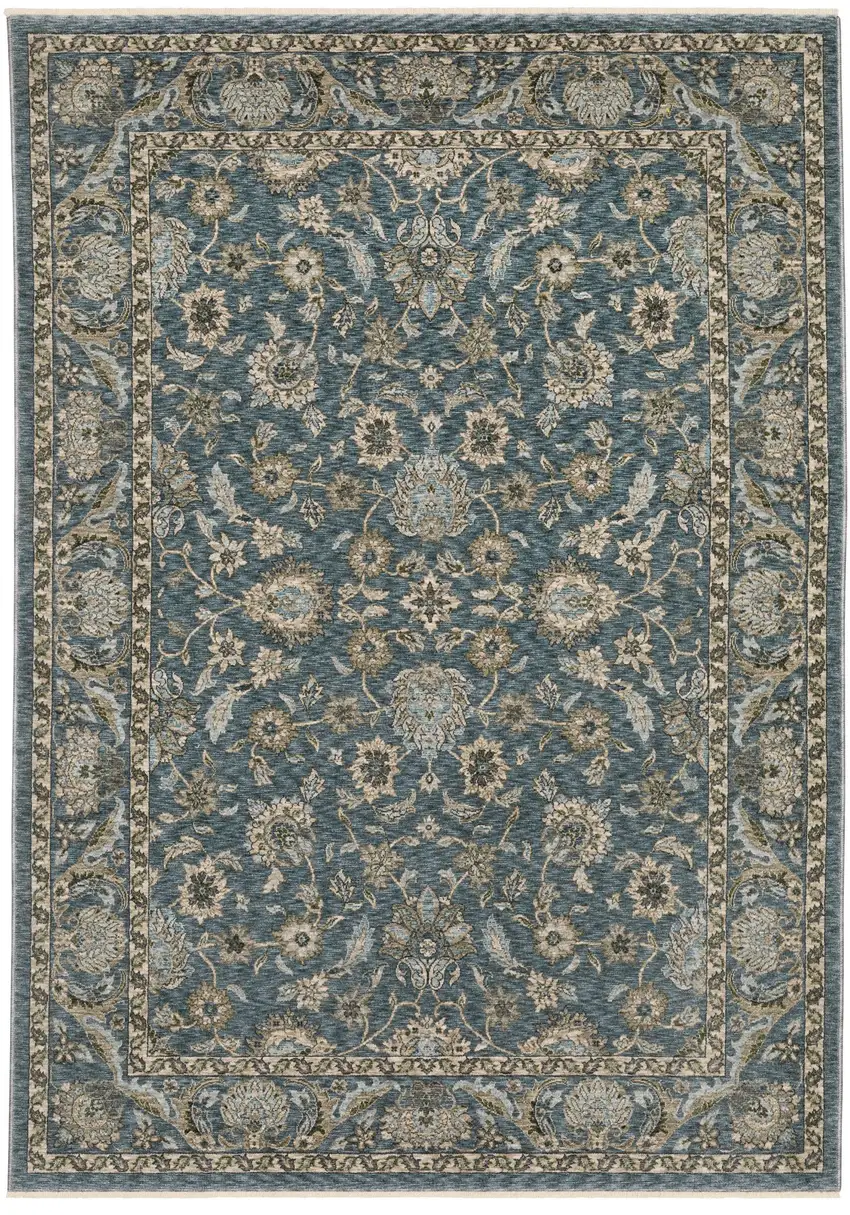 Blue And Beige Oriental Area Rug With Fringe Photo 2