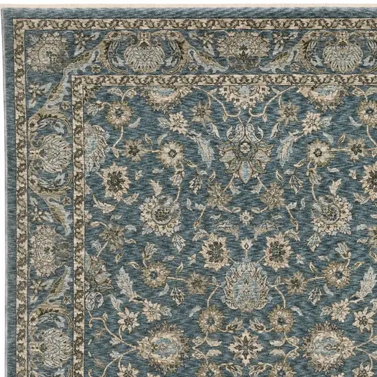 Blue And Beige Oriental Area Rug With Fringe Photo 7