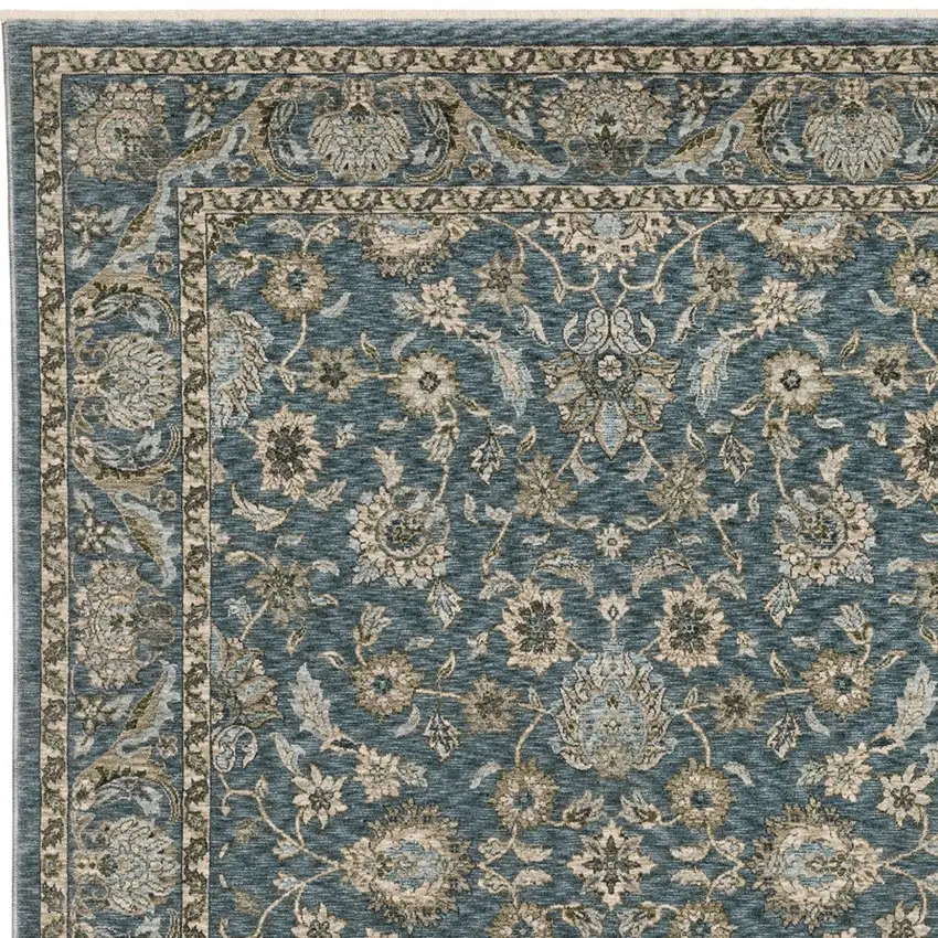 Blue And Beige Oriental Area Rug With Fringe Photo 7