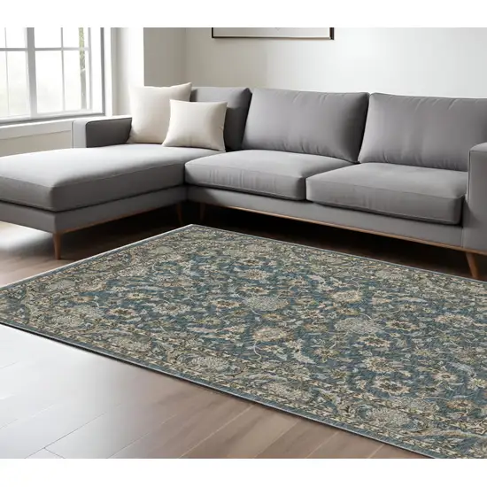 Blue And Beige Oriental Area Rug With Fringe Photo 1