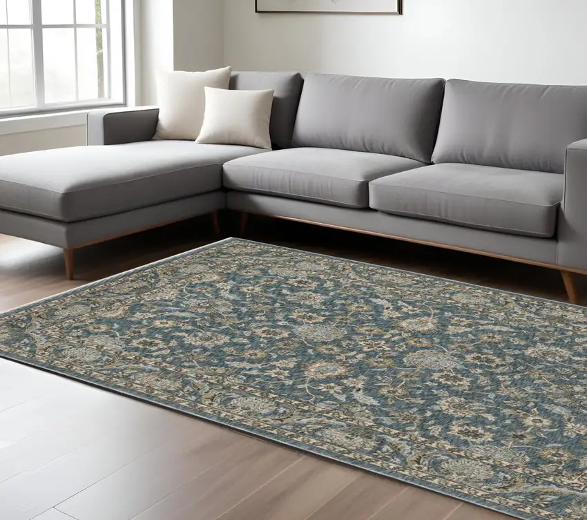 Blue And Beige Oriental Area Rug With Fringe Photo 1