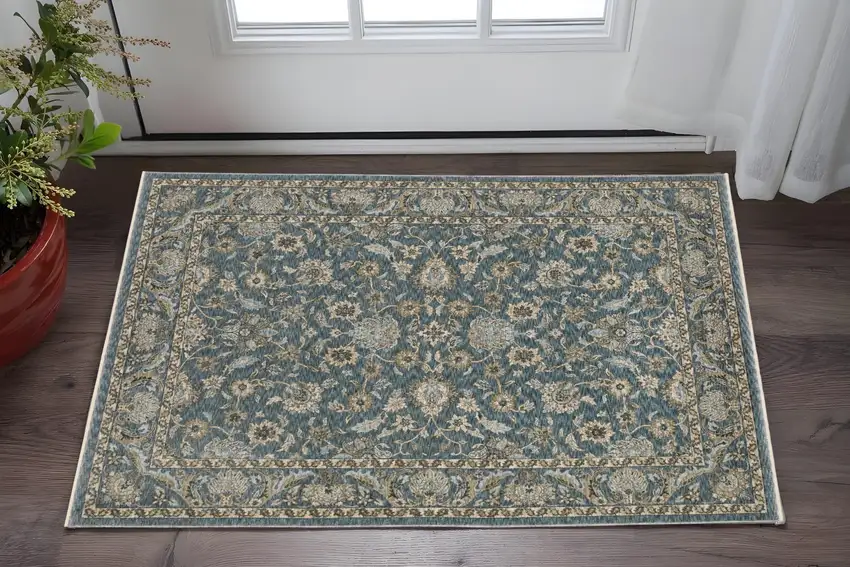 Blue And Beige Oriental Area Rug With Fringe Photo 1