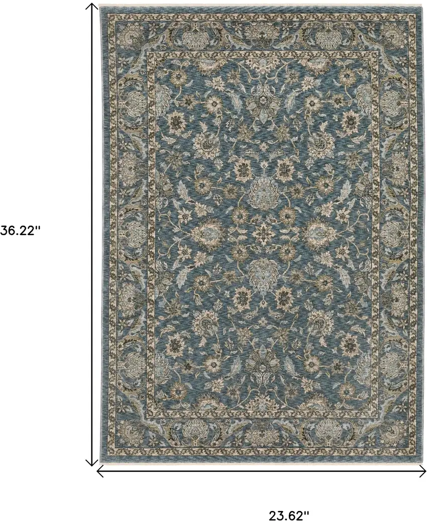 Blue And Beige Oriental Area Rug With Fringe Photo 3