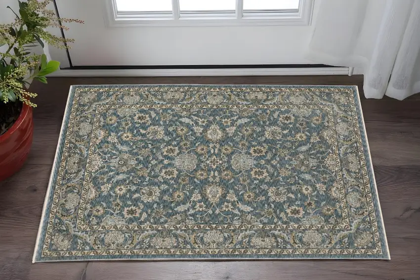 Blue And Beige Oriental Area Rug With Fringe Photo 1
