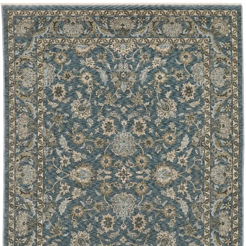 Blue And Beige Oriental Area Rug With Fringe Photo 4