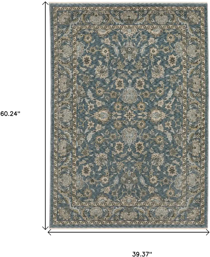 Blue And Beige Oriental Area Rug With Fringe Photo 3
