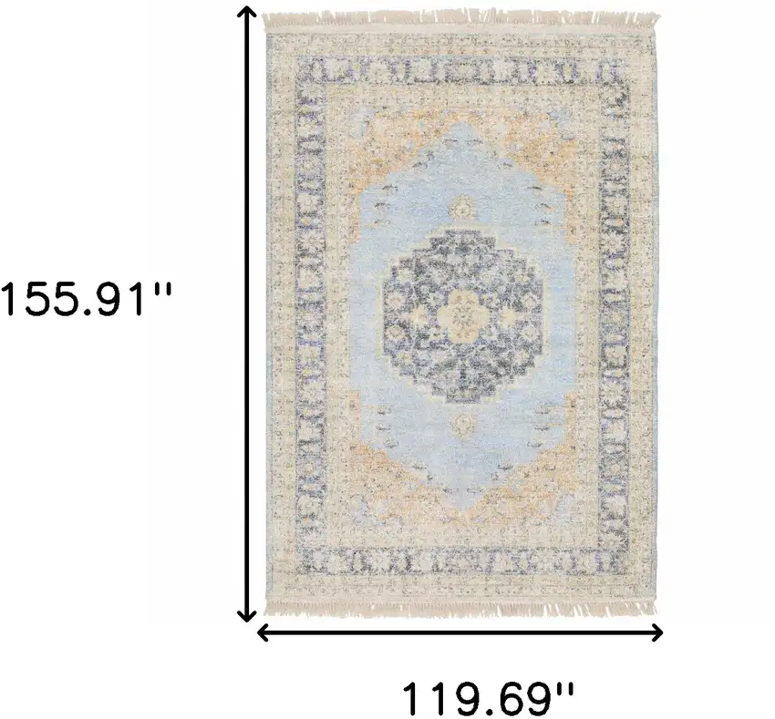 Blue And Beige Oriental Hand Loomed Stain Resistant Area Rug With Fringe Photo 10