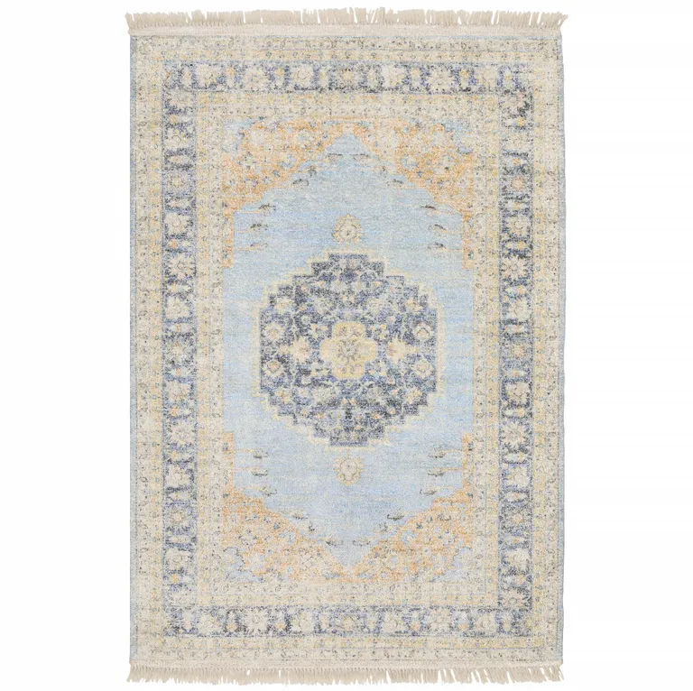 Blue And Beige Oriental Hand Loomed Stain Resistant Area Rug With Fringe Photo 3