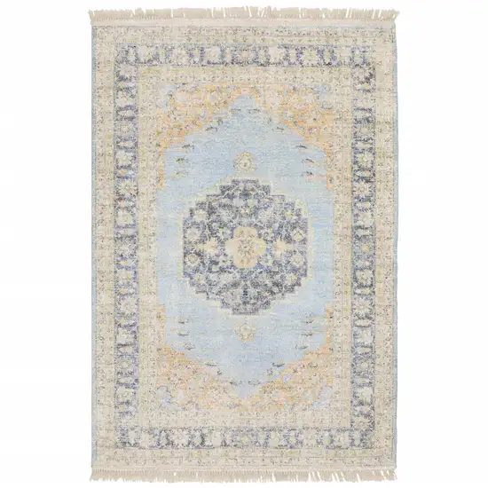 Blue And Beige Oriental Hand Loomed Stain Resistant Area Rug With Fringe Photo 2