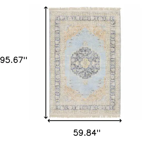 Blue And Beige Oriental Hand Loomed Stain Resistant Area Rug With Fringe Photo 3