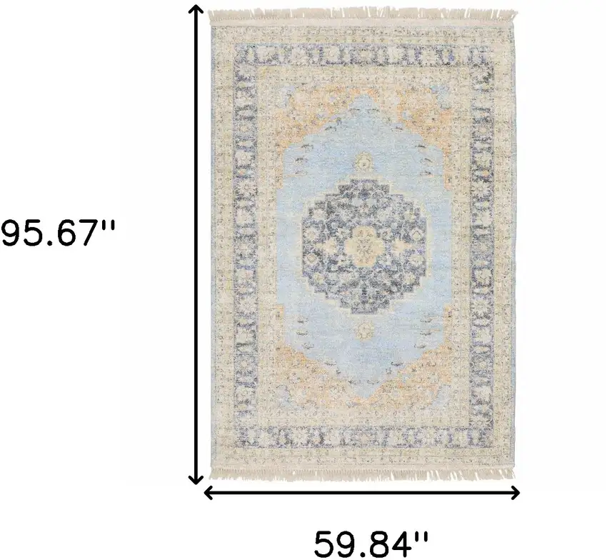 Blue And Beige Oriental Hand Loomed Stain Resistant Area Rug With Fringe Photo 10