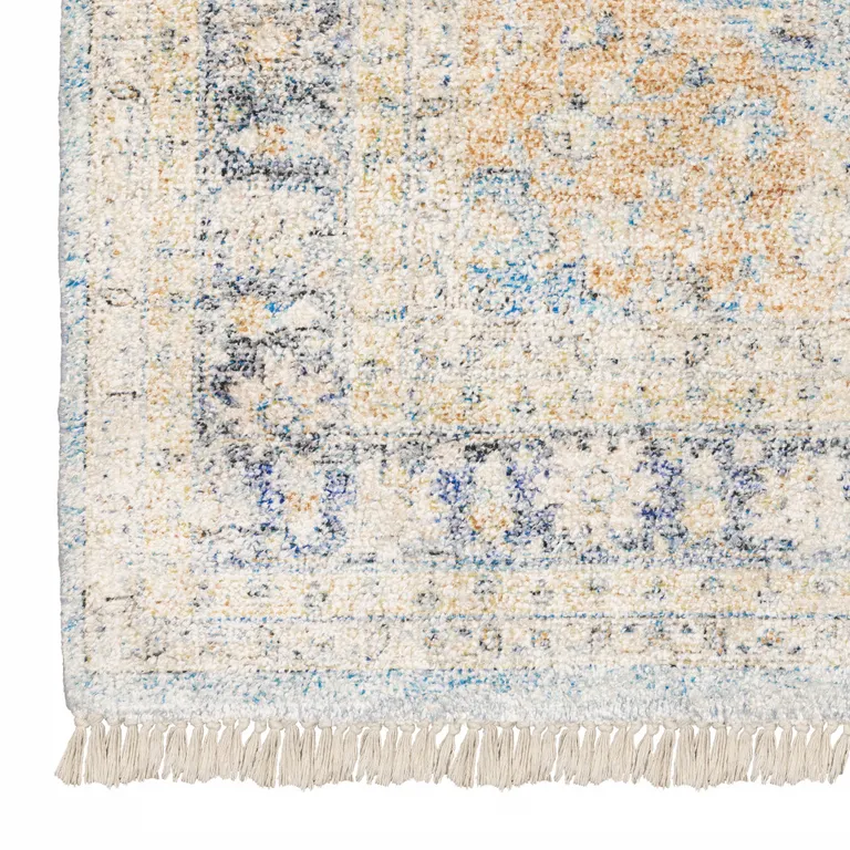 Blue And Beige Oriental Hand Loomed Stain Resistant Area Rug With Fringe Photo 5