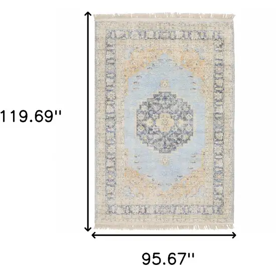 Blue And Beige Oriental Hand Loomed Stain Resistant Area Rug With Fringe Photo 3