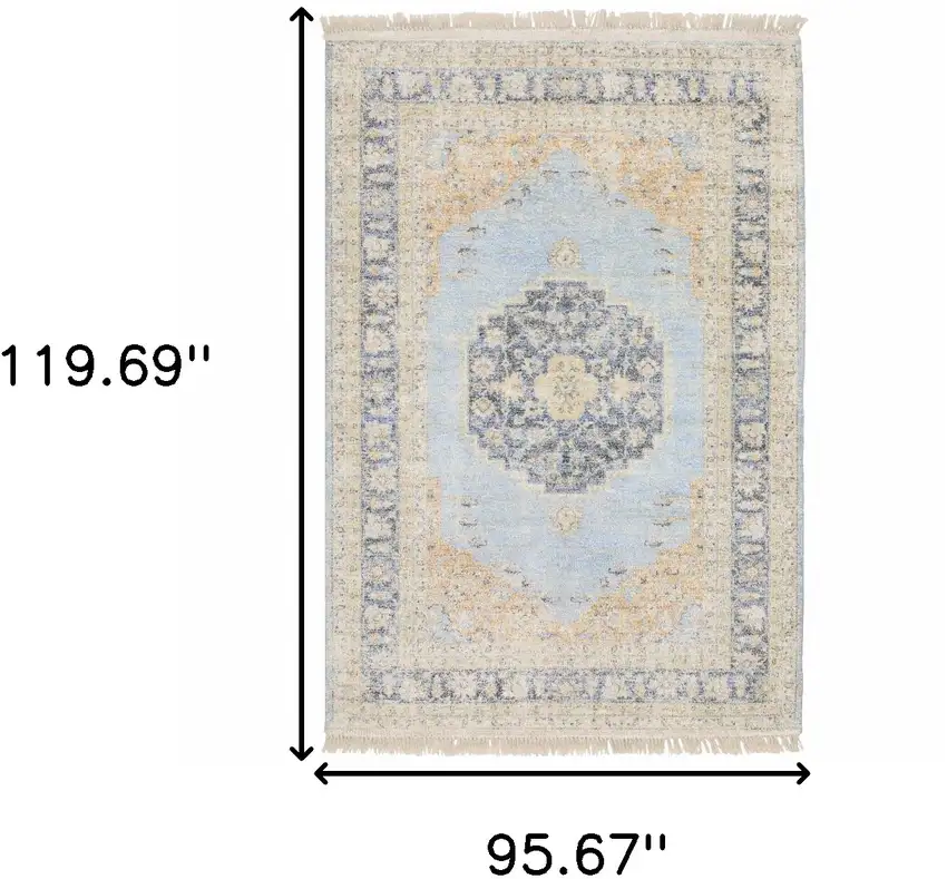 Blue And Beige Oriental Hand Loomed Stain Resistant Area Rug With Fringe Photo 10