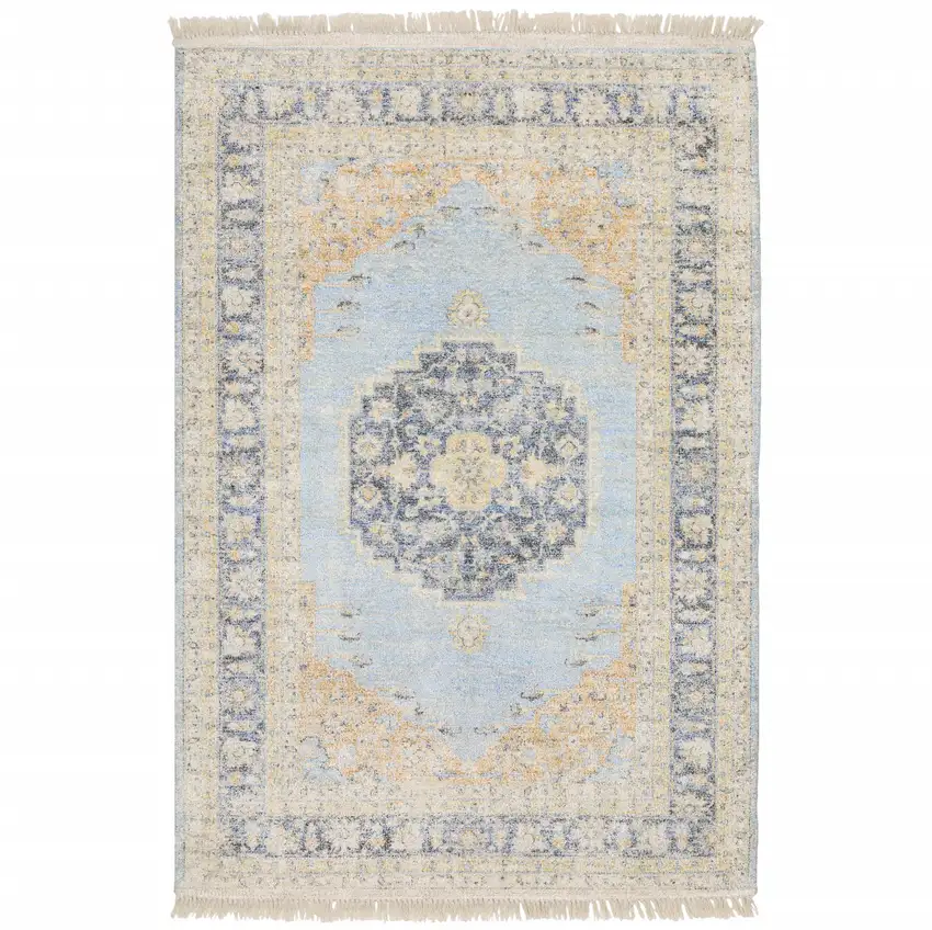 Blue And Beige Oriental Hand Loomed Stain Resistant Area Rug With Fringe Photo 2