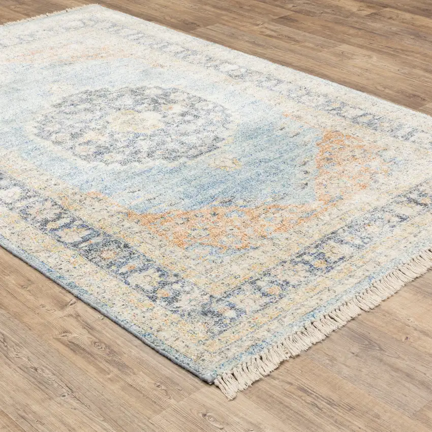 Blue And Beige Oriental Hand Loomed Stain Resistant Area Rug With Fringe Photo 6