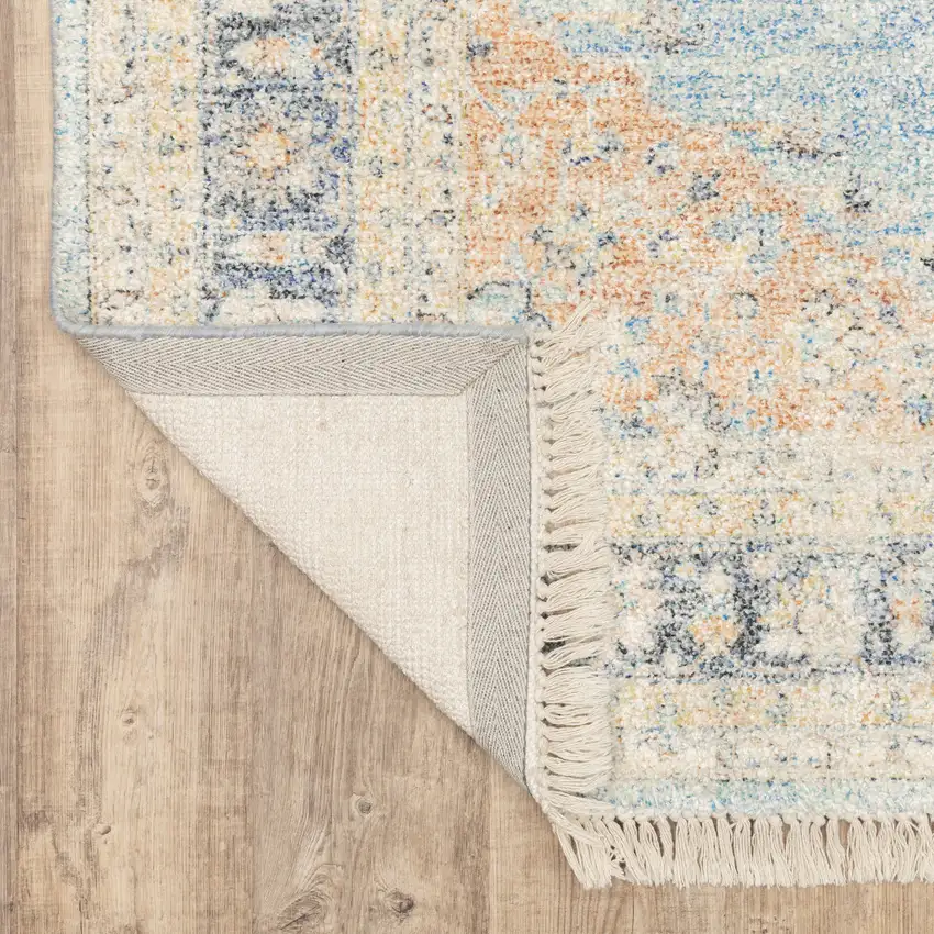 Blue And Beige Oriental Hand Loomed Stain Resistant Area Rug With Fringe Photo 8
