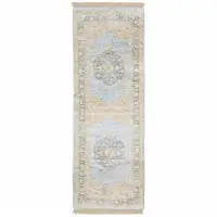 Photo of Blue And Beige Oriental Hand Loomed Stain Resistant Runner Rug With Fringe