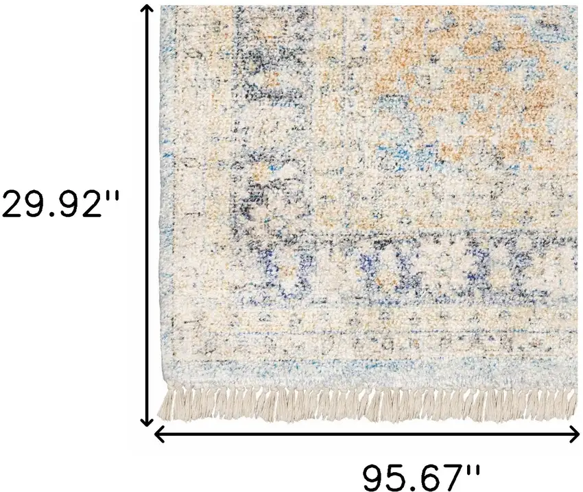 Blue And Beige Oriental Hand Loomed Stain Resistant Runner Rug With Fringe Photo 10