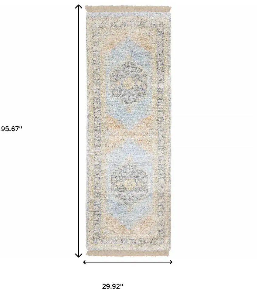 8' Blue and Beige Oriental Hand Loomed Runner Rug With Fringe Photo 3